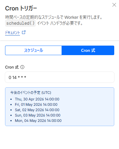 Cloudflare WorkersのCronトリガー設定画面。Cron式に毎日UTC 14時実行を意味する「0 14 * * *」が入力され、今後の実行予定リストが表示されている。